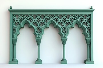 green teak wooden islamic ornament with large arch and small arches and elegant carvings and royal style on white background 