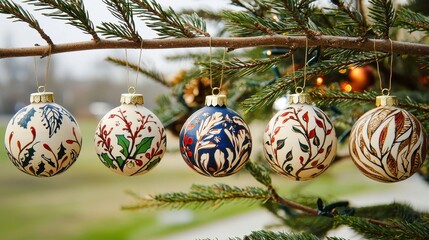 Wall Mural - Hand Painted Christmas Ornaments on Pine Branch