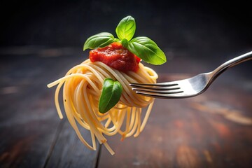 Wall Mural - Stock photo of a fork with spaghetti in tomato sauce and basil from a low angle perspective