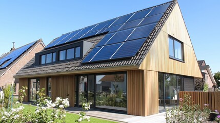 Wall Mural - Modern House with Solar Panels on Roof and Wooden Siding