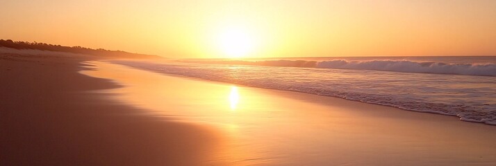 Sticker - Golden sandy beach at sunset with gentle waves and a vibrant orange sky.