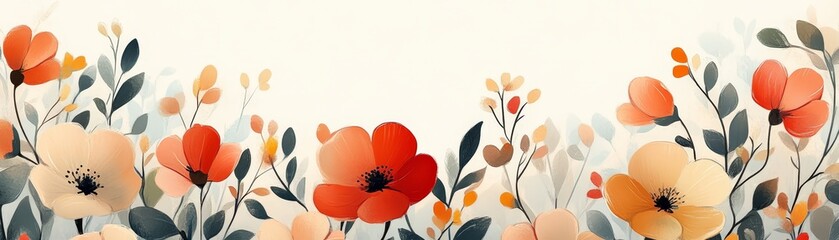 Wall Mural - Watercolor Floral Border with Orange and Red Flowers on White Background