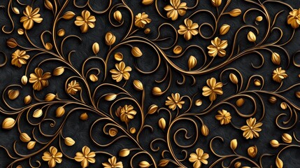 Canvas Print - Gold Floral Pattern on Black Background