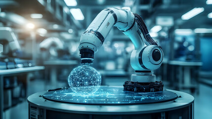 Poster - A robotic arm interacts with a holographic sphere in a modern industrial setting.