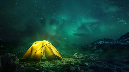 Wall Mural - A_glowing_yellow_camping_tent_under_a_beautifu