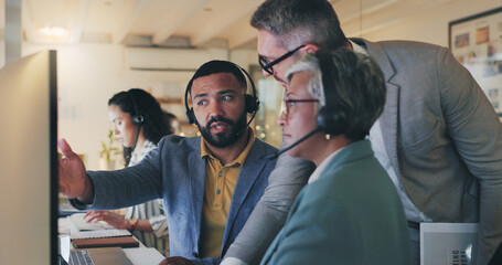 Poster - People, group and call center with computer, discussion and teamwork for tech support in modern office. Men, woman and diversity in workplace by pc for review, problem solving and solution at night