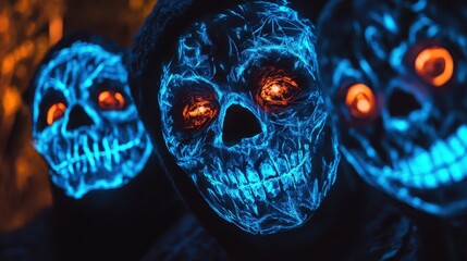 Haunting Neon Skulls in the Dark