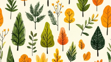 Wall Mural - Seamless Watercolor Pattern with Hand Painted Green and Orange Trees  Leaves and Branches on White Background