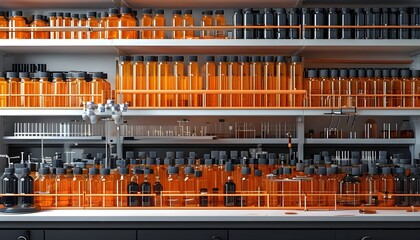 Organized shelves showcasing vibrant orange and black laboratory bottles and equipment in a dynamic scientific workspace