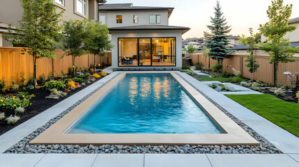 Wall Mural - A serene backyard with a swimming pool, landscaped garden, and modern house.