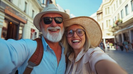 Happy Caucasian couple male and female traveler with straw hat taking selfie on street