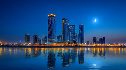 Sticker - A serene city skyline at dusk, reflecting lights and the moon over water.