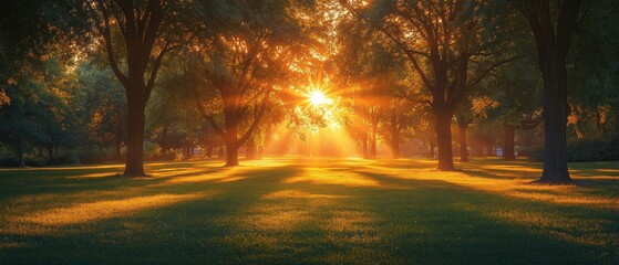 Wall Mural - Sunbeams Shining Through Trees in a Park