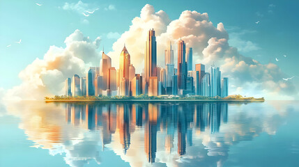 A serene city skyline reflected in water, surrounded by clouds and a clear sky.