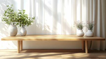 A serene indoor space featuring a wooden table with decorative plants in vases.