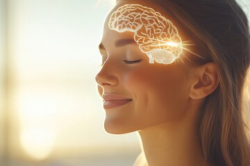 Wall Mural - Imagination focus and brainwave woman smiling in the sunlight with glowing neural connections symbolizing happiness clarity and mental engagement