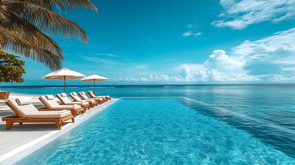 Wall Mural - A serene infinity pool overlooking a tranquil ocean with loungers and umbrellas.