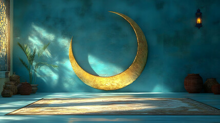 Wall Mural - A serene interior featuring a crescent moon decoration, plants, and traditional pottery.