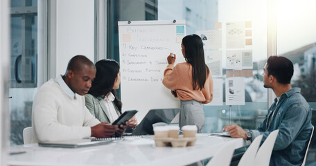 Poster - Seminar, chart and team meeting in office, woman manager and talking to staff on performance. Business people, plan strategy and productivity improvement in boardroom, training and tech for notes