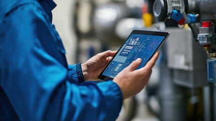 Pipe oil industry worker using tablet in factory Caucasian male in yellow helmet safety vest