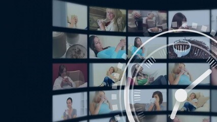 Poster - Animation of clock moving over digital screens with people drinking coffee