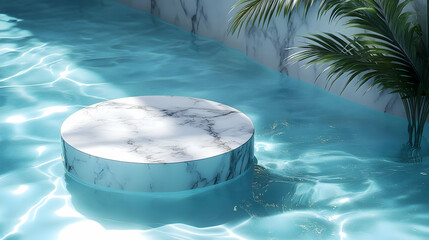 Sticker - A serene pool scene featuring a round marble platform surrounded by clear water and greenery.