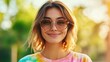 © Intelligent Horizons - A woman in a vibrant tie dye shirt and oversized sunglasses embodying a carefree bohemian vibe in a sunny park setting showcasing a trendy urban street style look with a deep depth of field