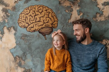 Wall Mural - Collaboration interaction and energy family portrait with neural overlays symbolizing cognitive bonding love and the strength of family connections