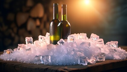 Wall Mural - Chilled wine bottle resting on sparkling ice cubes, radiating elegance under soft, ambient lighting