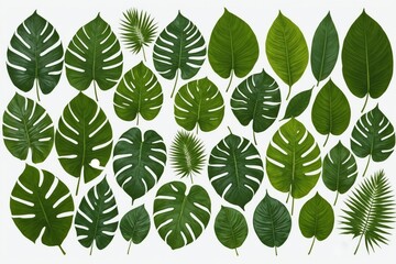 set of tropical leaves isolated on white background