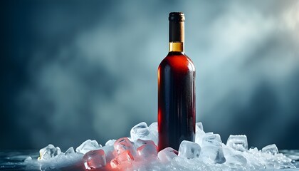 Poster - Chilled wine bottle resting on sparkling ice cubes, radiating elegance under soft, ambient lighting