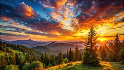 Wall Mural - stunning sunset behind mountains and lush trees ideal for a summer nature wallpaper background