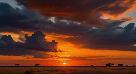 fiery sky at dawn over sunset at vast savannah