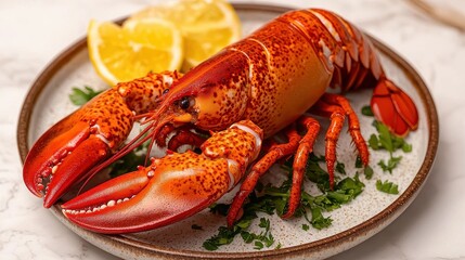 Cooked Lobster on Plate with Lemon and Parsley