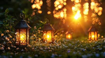 Poster - Magical Sunset with Glowing Lanterns in a Field of Flowers