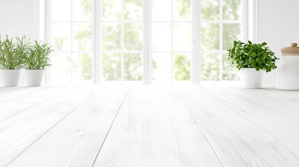 Canvas Print - White Wooden Tabletop with Blurred Window View and Green Plants