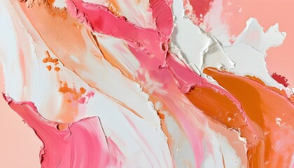 Vibrant fusion of pink and white paint splashes intertwining on a warm peach backdrop, radiating energy and creativity