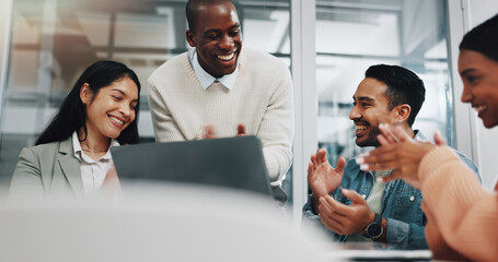 Poster - Business people, applause and video call for celebration, discussion and creative agency in office. Startup, achievement and partnership success in workplace for online meeting, proposal or diversity