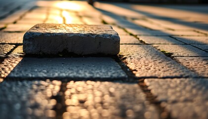 Concrete block resting on a paved sidewalk, illuminated by warm afternoon light, creating elongated shadows on rich textured surfaces