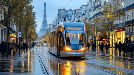 Poster - A tram travels through a rainy Paris street with the Eiffel Tower in the background.