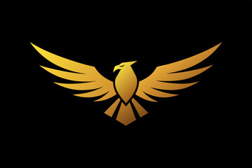 A minimalist Vector logo. Geometrical logo depicting a golden flying eagle, wings horizontal, vector illustration