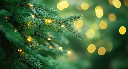 Christmas Tree Branches with Bokeh Lights, Green and Yellow Colors, Soft Blurred Light