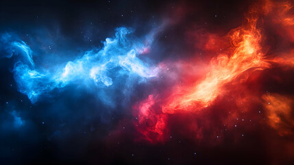 Wall Mural - A vibrant cosmic scene with swirling blue and red nebulas against a dark backdrop.