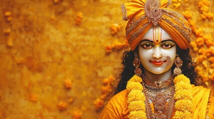 Sticker - Hindu God Statue with Yellow Flowers and Headwear