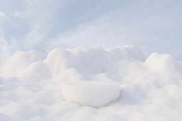 Wall Mural - 3d render winter platform and natural mockup background, podium on a large pile of snow for product 