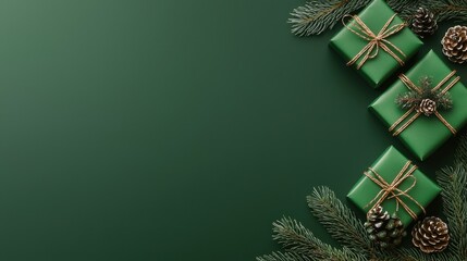 Poster - Green Christmas Gifts with Pine Cones and Fir Branches on a Green Background