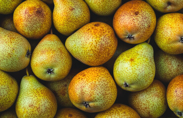 A pile of golden yellow Asian pears, overhead shot. Created with Ai