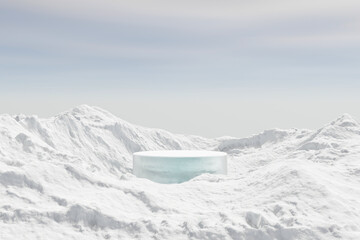 Wall Mural - 3d render winter platform and realistic natural background, ice podium on the ice snow mountain, bac