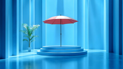 Wall Mural - A vibrant scene featuring a red umbrella on a pedestal in a blue environment with a plant.