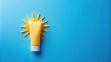 Sunscreen cream tube with sun design on blue background